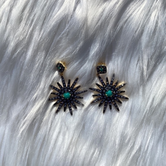 Adornia 14k Gold Plated Swarovski Crystal Turquoise Starburst Earrings - Picture 6 of 6